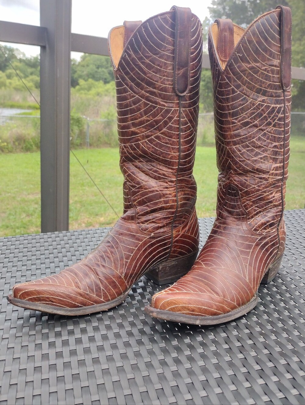 Old Gringo Yippee Kayay Brown Leather Distressed Western Snip Toe Heeled Boots